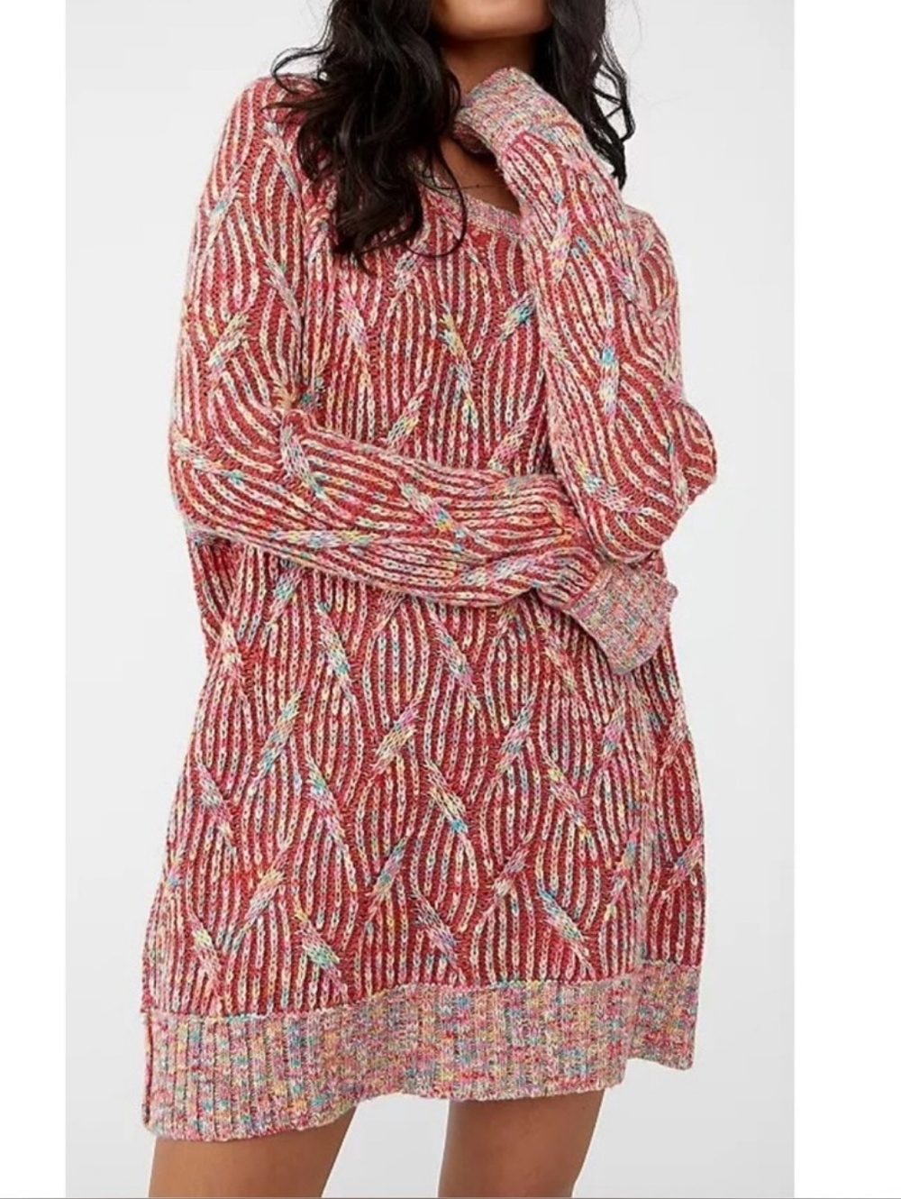 💘 Free People Neptune Pullover Sweater Red Confetti Chunky Knit Oversized Small